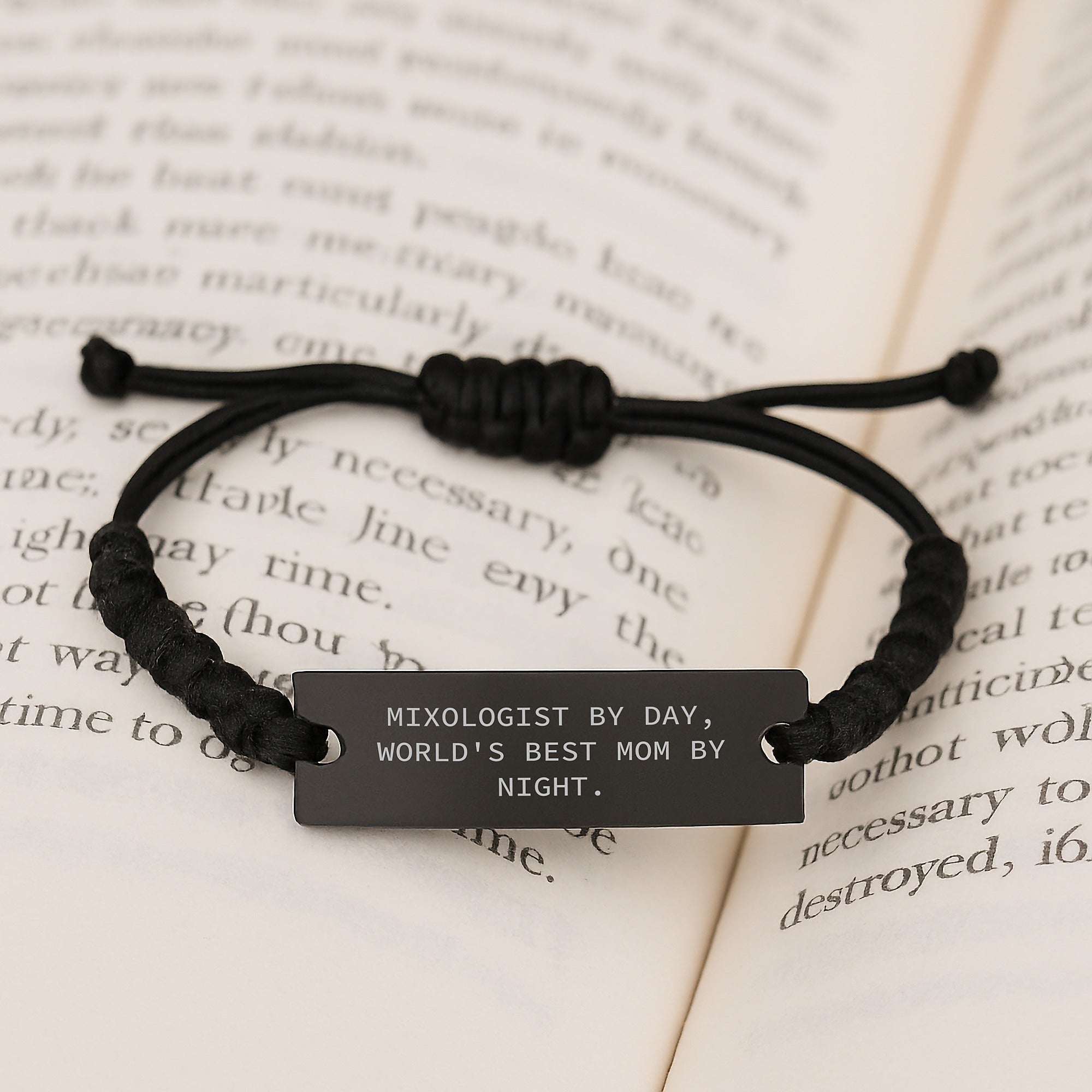 Mixologist Gifts from Friends - Funny Rope Bracelet for Graduation, 'Mixologist By Day, World's Best Mom By Night.' Engraved Black Stainless Steel and Interlaced Rope, Adjustable Gifts for Her or Him - Image 3