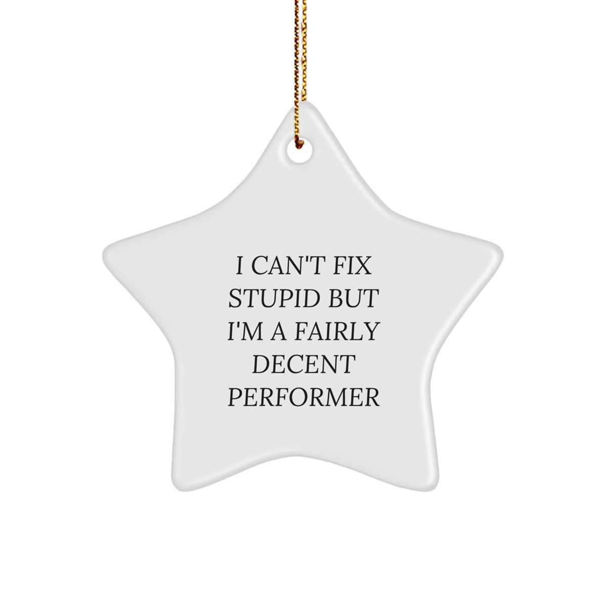 Funny Performer Gifts from Friends for Christmas - Star Ornament with 'I Can't Fix Stupid But I'm A Fairly Decent Performer' Quote - Image 1